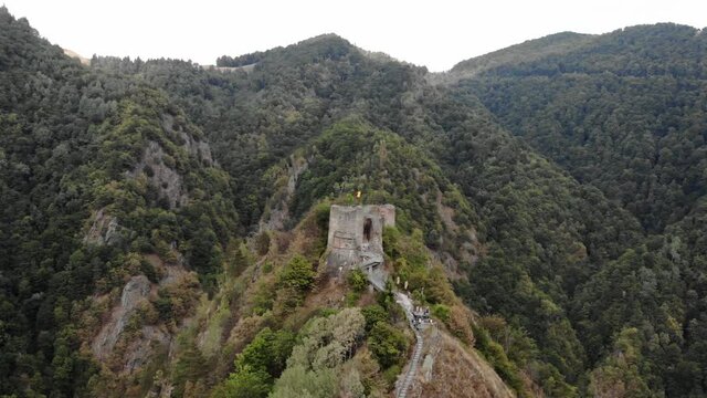 Vlad Tepes Dracula Poenari castle on top of the hill 4K drone shot