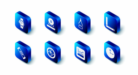Set Diameter, Drawing compass, Corner ruler, Radius, Graph, schedule, chart, diagram, Compass, Construction bubble level and Wrist watch icon. Vector