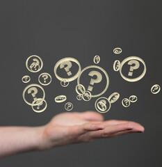 Fototapeta premium Businessman solving problem with digital question marks 3D rendering