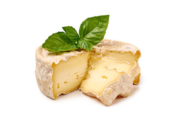 Delicatessen soft cheese with basil leaves on white