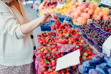 Middle age stylish pregnant woman enjoy shoping, holding reusable cotton shopping net bag in eco friendly farmer market. Zero waste concept. New alternative.