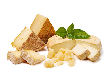 Pieces of various cheeses on white background