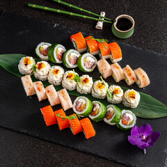 gourmet sushi on the black stone