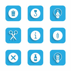 Set Information, Bottle, Trash can, Wheat, X Mark, Cross in circle, Scissors with cut line, Test tube and flask and icon. Vector