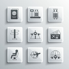 Set Globe with flying plane, Airline ticket, Plane, Human waiting airport terminal, Road traffic sign, Passport and Suitcase icon. Vector