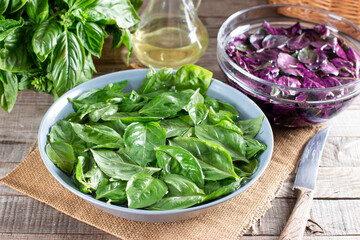 Fresh basil leaves in a bowl with water on a table. Green and purple basil. Concept of healthy eating.