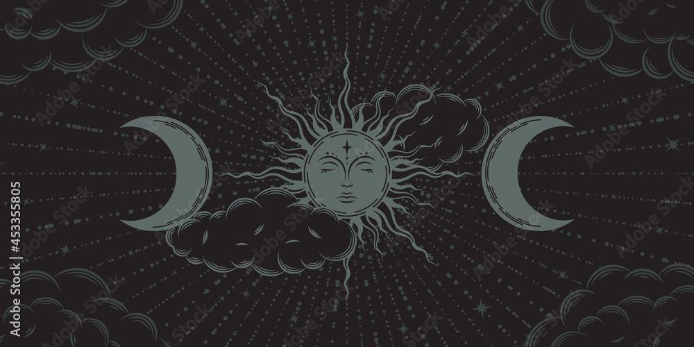 Canvas Prints mystical boho background including the sun with face, the moon, clouds and beams. vector illustratio