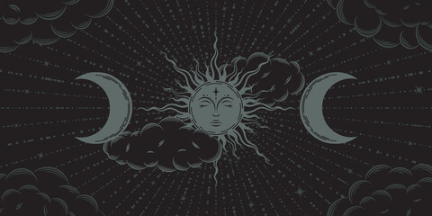 Mystical boho background including the sun with face, the moon, clouds and beams. Vector illustration in retro style on black backdrop. Esoteric banner with magical signs