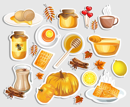Vector image of stickers on the autumn theme with food products from their own backyard. Cartoon style. EPS 10