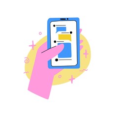 Cartoon hands holds a telephone. Icon of a gesture of holding a smartphone with a chat. Modern style. Vector