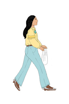 Cowgirl walking and holding a bag