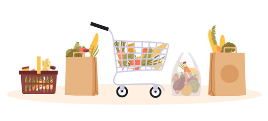 Shopping bags and baskets. Buying groceries at supermarket. Paper, plastic bags for food. Natural vegetables and fruits, fresh pastries. Cartoon flat vector collection isolated on white background