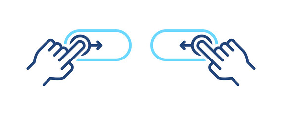 Obraz premium Set of right, left phone swipe gestures. On, off toggle slider blue line icons. Lock and unlock control symbols