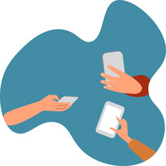 People's hands are holding a tablet and phones. Vector, flat, white background.