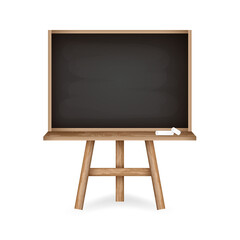 Rubbed out chalkboard with clean black space. Realistic black chalkboard with wooden frame holder and pieces of chalk. Education supplies design concept.