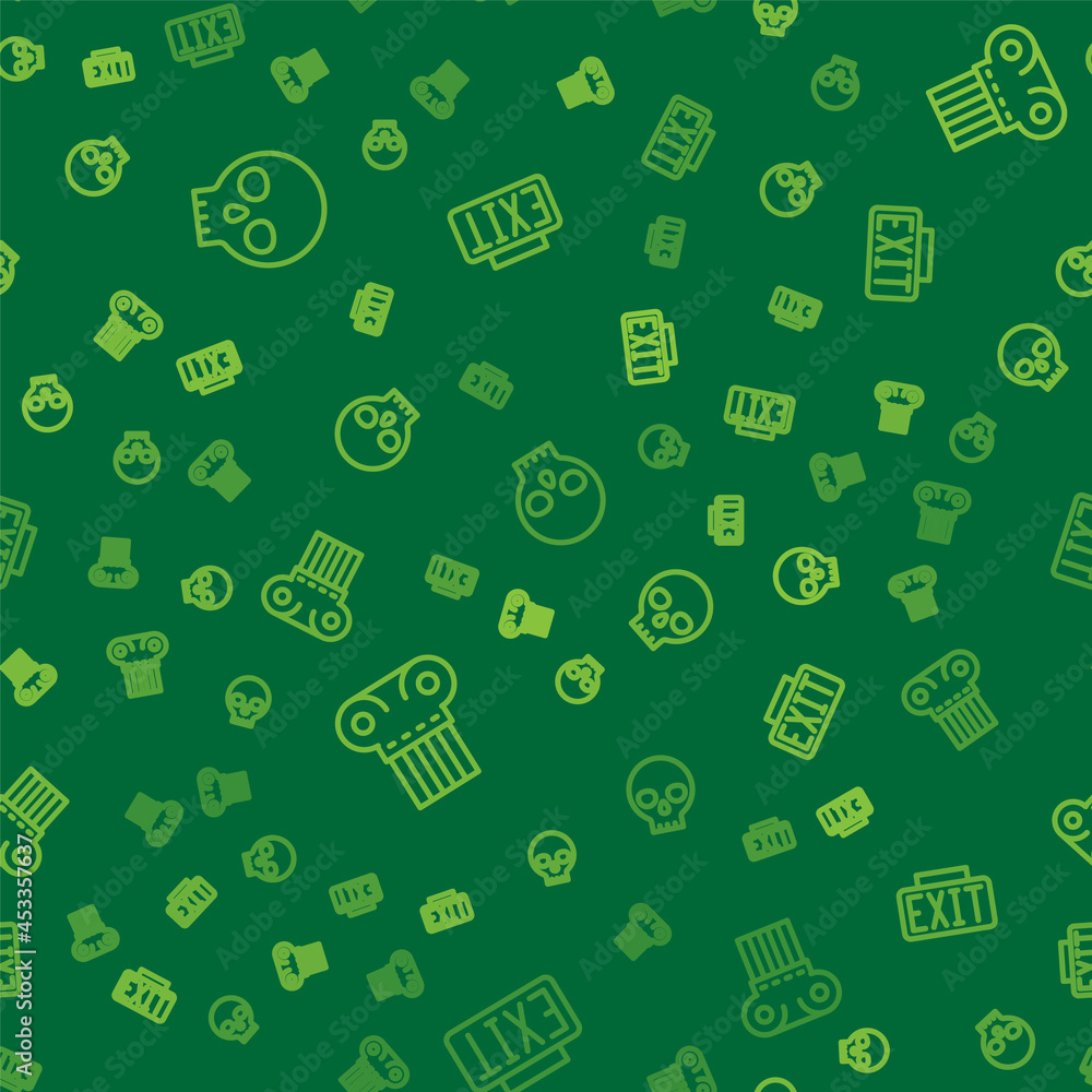Poster set line human skull, ancient column and exit sign on seamless pattern. vector