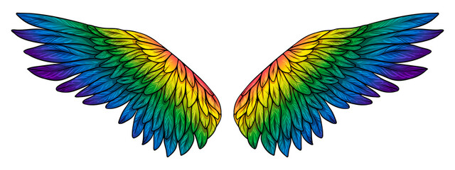 Beautiful magic bright rainbow wings, vector illustration - obrazy, fototapety, plakaty