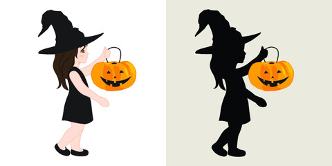 Halloween theme, girl with pumpkin, vector artwork