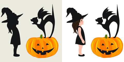 Halloween theme, girl with cat, vector artwork