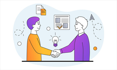 Partnership and cooperation concept. Businessmen shake hand as sign of friendship and unification of companies. Joint work on large project. Cartoon doodle flat vector illustration on white background