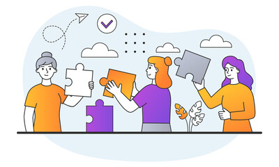 Concept of partnership and teamwork. Employees of company connect pieces of puzzle. Metaphor of cooperation and collaboration. Cartoon doodle flat vector illustration isolated on white background