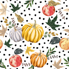 Autumn pumpkins, apples, maple leaves, polka dots, white background. Vector seamless pattern. Fall season illustration. October harvest. Organic vegetable garden food. Nature design