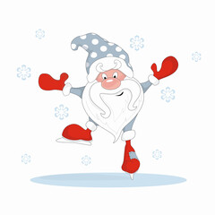 An illustration depicting a funny gnome skating on ice.