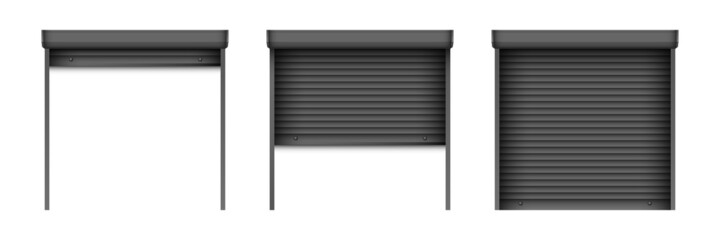 Black roller shutter gate set. Open and closed roller shutter doors for security decoration design. Metal industrial shutter doors.
