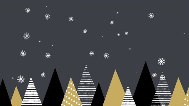 Snowflakes falling over multiple christmas tree icons against grey background