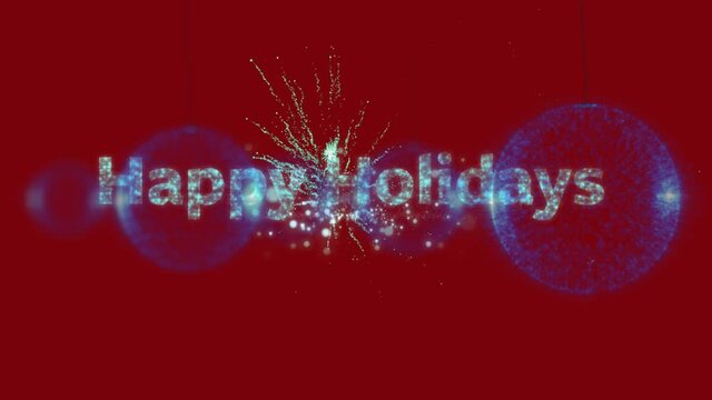 Animation of happy holydays text over christmas decoration on red background