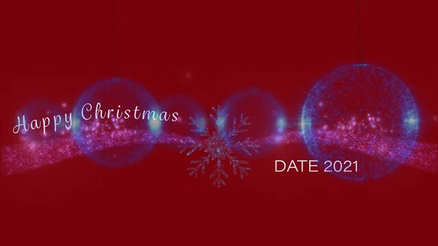 Animation of happy christmas text over purple lights on red background