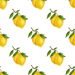 Watercolor lemons on a white background. Seamless pattern.