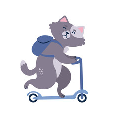 A cat on kick scooter. Cute animal character vector illustration.