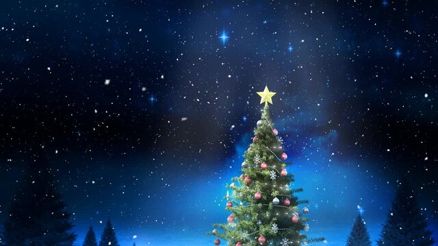 Animation of snow falling over christmas tree and glowing stars on blue sky
