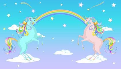 Fabulous pink unicorn stands on its hind legs against a background of rainbow and stars