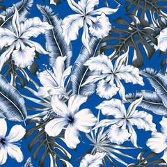 Tropical orchid flowers, monstera, banana palm leaves, blue background. Vector seamless pattern. Jungle foliage illustration. Exotic plants. Summer beach floral design. Paradise nature