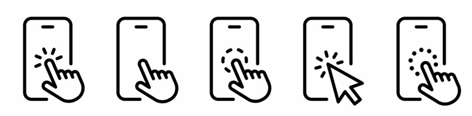 Hand touch screen smartphone. Mobile phone touch screen icon. Click on the smartphone. Vector illustration. - obrazy, fototapety, plakaty