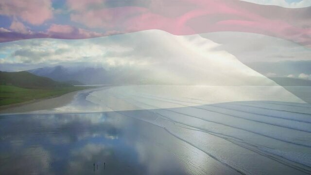 Animation of flag of netherlands waving over beach landscape and cloudy blue sky