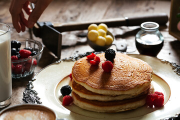 Fresh pancakes with berries brunch