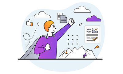 Creating posts concept. Man in superhero raincoat happy about successful article in newspaper. Profession of copywriter and journalist. Cartoon doodle flat vector illustration on white background