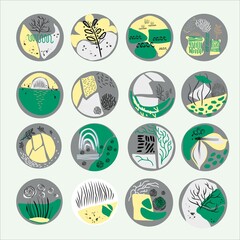 Abstract highlights icon. Hand drawn various shapes and objects doodle brush strokes, stones and water. Modern trendy green, yellow and gray colors.