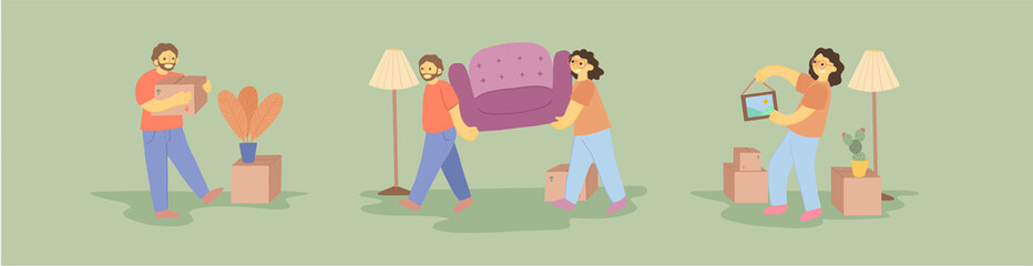 Set of 3 vector illustrations. Cute couple moving in a new house. Holding boxes, moving a couch, installing a new frame.