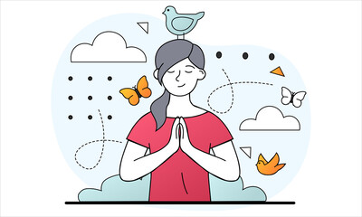Mental wellness concept. Woman meditates and experiences harmony with herself and with world around her. Emotional stability. Cartoon doodle flat vector illustration isolated on white background