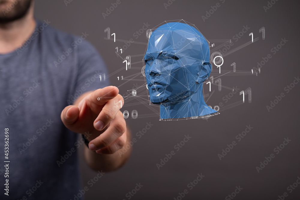 Poster head form lines, triangles and particle style