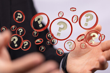 Businessman solving problem with digital question marks 3D rendering
