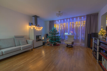Beautiful night view of room with Christmas decoration. Beautiful Christmas backgrounds. Sweden.