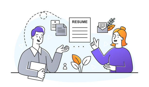 Job interview concept. Employee of human resources department considering candidate for position. Man reads resume and makes decision. Cartoon doodle flat vector illustration on white background