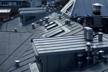 Architectural detail of metal roofing on commercial construction of modern building complex