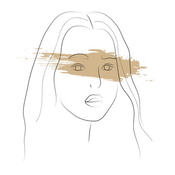 recommend clip art: Portrait of a beautiful young sad Asian woman. Modern line art with grunge stain om white