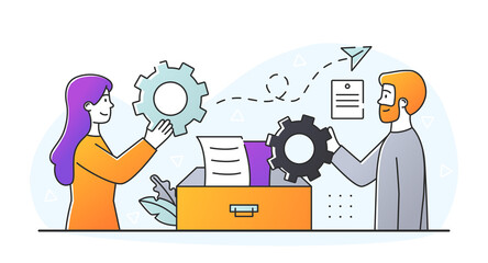 E-commerce for business. Man and woman set up email for online marketing. Colleagues take letters from the mailbox. Cartoon doodle modern flat vector illustration isolated on a white background